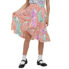 Cute-kawaii-kittens-seamless-pattern Kids  Ruffle Flared Wrap Midi Skirt by Salman4z