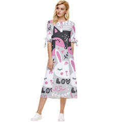 Big-set-with-cute-cartoon-animals-bear-panda-bunny-penguin-cat-fox Bow Sleeve Chiffon Midi Dress by Salman4z