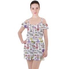 Fantasy-things-doodle-style-vector-illustration Ruffle Cut Out Chiffon Playsuit by Salman4z