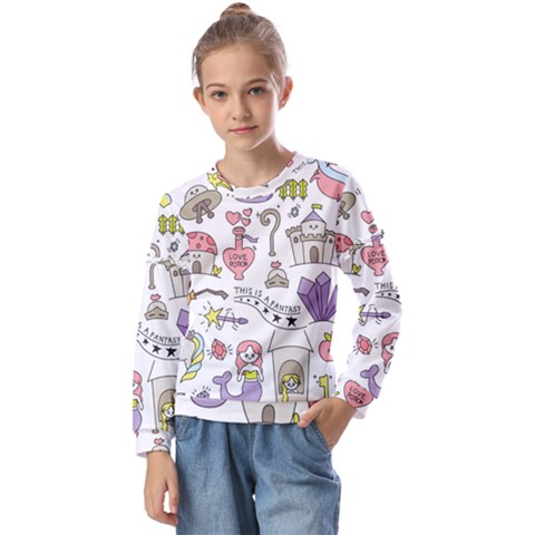 Fantasy-things-doodle-style-vector-illustration Kids  Long Sleeve Tee With Frill  by Salman4z