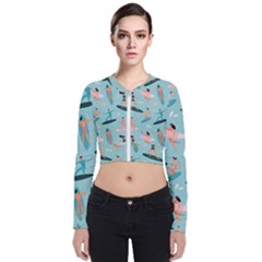 Beach-surfing-surfers-with-surfboards-surfer-rides-wave-summer-outdoors-surfboards-seamless-pattern- Long Sleeve Zip Up Bomber Jacket by Salman4z