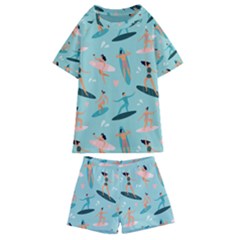 Beach-surfing-surfers-with-surfboards-surfer-rides-wave-summer-outdoors-surfboards-seamless-pattern- Kids  Swim Tee And Shorts Set by Salman4z