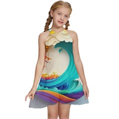 Tsunami Tidal Wave Waves Minimalist Ocean Sea Kids  Halter Collar Waist Tie Chiffon Dress by Ravend