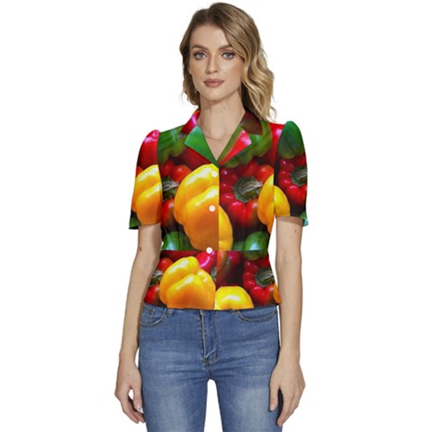 Colorful Capsicum Puffed Short Sleeve Button Up Jacket by Sparkle