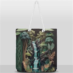 Jungle Tropical Trees Waterfall Plants Papercraft Full Print Rope Handle Tote (large) by Ravend