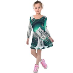 Christmas Wreath Winter Mountains Snow Stars Moon Kids  Long Sleeve Velvet Dress by Ravend