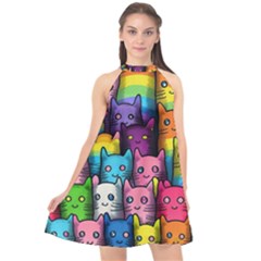 Cats Rainbow Pattern Colorful Feline Pets Halter Neckline Chiffon Dress  by Ravend