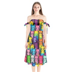 Cats Rainbow Pattern Colorful Feline Pets Shoulder Tie Bardot Midi Dress by Ravend