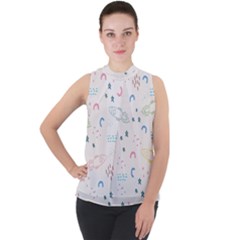 Spaceship Pattern Star Mock Neck Chiffon Sleeveless Top by danenraven