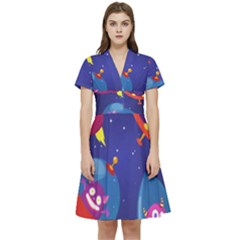 Cartoon-funny-aliens-with-ufo-duck-starry-sky-set Short Sleeve Waist Detail Dress by Salman4z