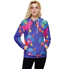 Cartoon-funny-aliens-with-ufo-duck-starry-sky-set Women s Lightweight Drawstring Hoodie by Salman4z