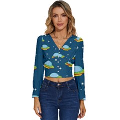 Seamless-pattern-ufo-with-star-space-galaxy-background Long Sleeve V-neck Top by Salman4z