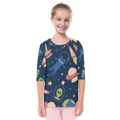 Seamless-pattern-with-funny-aliens-cat-galaxy Kids  Quarter Sleeve Raglan Tee by Salman4z