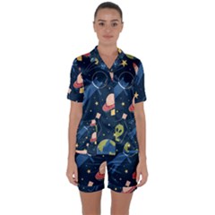 Seamless-pattern-with-funny-aliens-cat-galaxy Satin Short Sleeve Pajamas Set by Salman4z