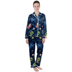 Seamless-pattern-with-funny-aliens-cat-galaxy Women s Long Sleeve Satin Pajamas Set	 by Salman4z