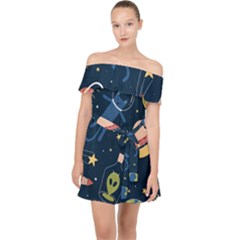 Seamless-pattern-with-funny-aliens-cat-galaxy Off Shoulder Chiffon Dress by Salman4z