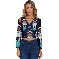 Boy-spaceman-space-rocket-ufo-planets-stars Long Sleeve V-neck Top by Salman4z