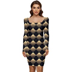 Golden Chess Board Background Women Long Sleeve Ruched Stretch Jersey Dress by pakminggu