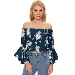 White-robot-blue-seamless-pattern Off Shoulder Flutter Bell Sleeve Top by Salman4z