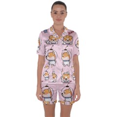 Set-kawaii-smile-japanese-dog-akita-inu-cartoon Satin Short Sleeve Pajamas Set by Salman4z