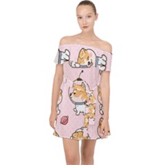 Set-kawaii-smile-japanese-dog-akita-inu-cartoon Off Shoulder Chiffon Dress by Salman4z