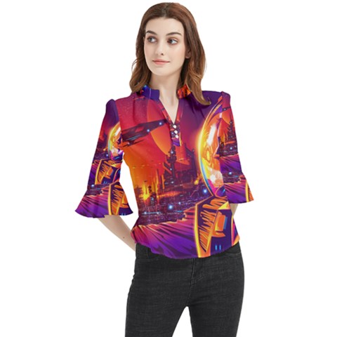 Far-future-human-colonization Loose Horn Sleeve Chiffon Blouse by Salman4z