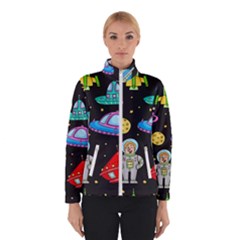 Seamless-pattern-with-space-objects-ufo-rockets-aliens-hand-drawn-elements-space Women s Bomber Jacket by Salman4z