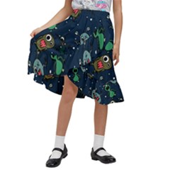 Monster-alien-pattern-seamless-background Kids  Ruffle Flared Wrap Midi Skirt by Salman4z