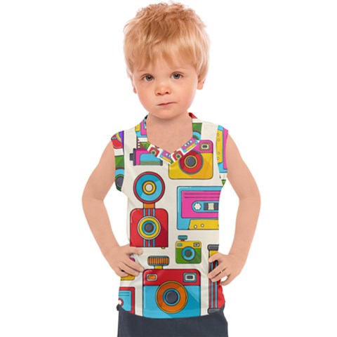 Retro-cameras-audio-cassettes-hand-drawn-pop-art-style-seamless-pattern Kids  Sport Tank Top by Salman4z