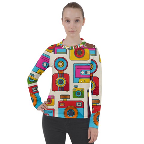 Retro-cameras-audio-cassettes-hand-drawn-pop-art-style-seamless-pattern Women s Pique Long Sleeve Tee by Salman4z