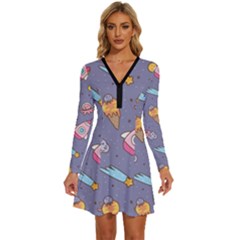 Outer-space-seamless-background Long Sleeve Deep V Mini Dress  by Salman4z