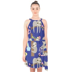 Hand-drawn-cute-sloth-pattern-background Halter Collar Waist Tie Chiffon Dress by Salman4z