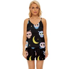 Cute-owl-doodles-with-moon-star-seamless-pattern V-neck Satin Pajamas Set by Salman4z