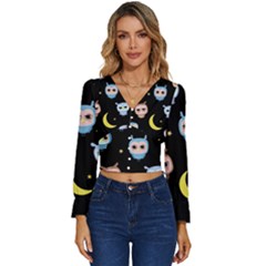 Cute-owl-doodles-with-moon-star-seamless-pattern Long Sleeve V-neck Top by Salman4z