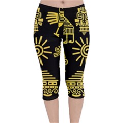 Maya-style-gold-linear-totem-icons Velvet Capri Leggings  by Salman4z