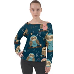 Seamless-pattern-owls-dreaming Off Shoulder Long Sleeve Velour Top by Salman4z