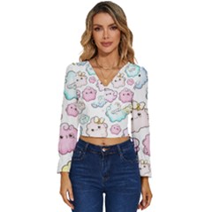 Cute-doodle-cartoon-seamless-pattern Long Sleeve V-neck Top by Salman4z