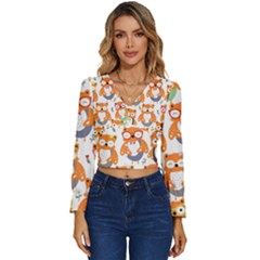 Cute-colorful-owl-cartoon-seamless-pattern Long Sleeve V-neck Top by Salman4z