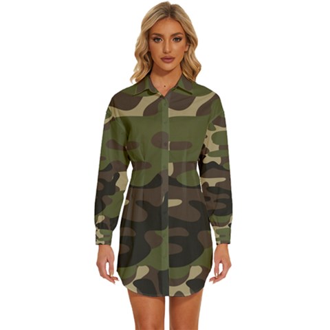 Texture-military-camouflage-repeats-seamless-army-green-hunting Womens Long Sleeve Shirt Dress by Salman4z