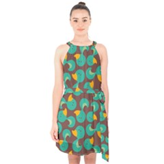 Vector Illustration Seamless Pattern With Cartoon Duck Halter Collar Waist Tie Chiffon Dress by pakminggu