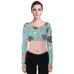 Seamless Pattern With Heart Shaped Cookies With Sugar Icing Velvet Long Sleeve Crop Top by pakminggu