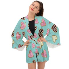 Seamless Pattern With Heart Shaped Cookies With Sugar Icing Long Sleeve Kimono by pakminggu