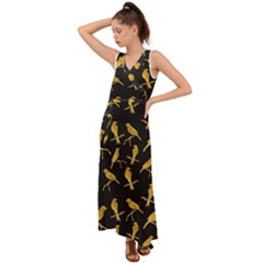 Background With Golden Birds V-neck Chiffon Maxi Dress by pakminggu