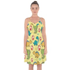 Seamless Pattern With Cute Dinosaurs Character Ruffle Detail Chiffon Dress by pakminggu