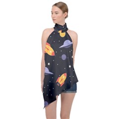 Cosmos Rockets Spaceships Ufos Halter Asymmetric Satin Top by pakminggu