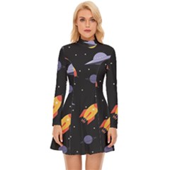 Cosmos Rockets Spaceships Ufos Long Sleeve Velour Longline Dress by pakminggu