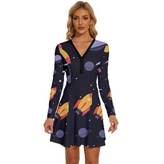 Cosmos Rockets Spaceships Ufos Long Sleeve Deep V Mini Dress  by pakminggu