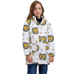 Lion Heads Pattern Design Doodle Kids  Hooded Longline Puffer Jacket by pakminggu