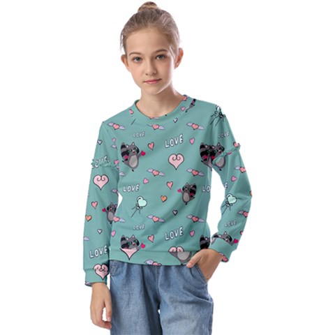 Raccoon Texture Seamless Scrapbooking Hearts Kids  Long Sleeve Tee With Frill  by pakminggu