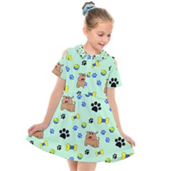 Dog Pattern Seamless Blue Background Scrapbooking Kids  Short Sleeve Shirt Dress by pakminggu